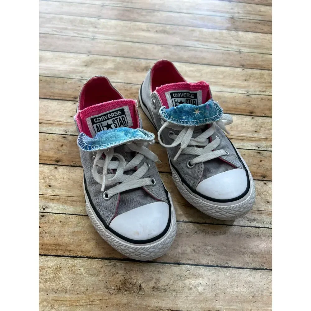 Converse Gray Neon Pink Star Print Double Tongue Girls Size 13